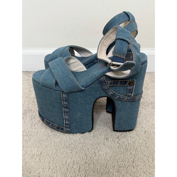 Jeffrey Campbell Patchwork Denim Platform Ankle Strap Sandals Blue Women's 7M - Picture 3 of 9